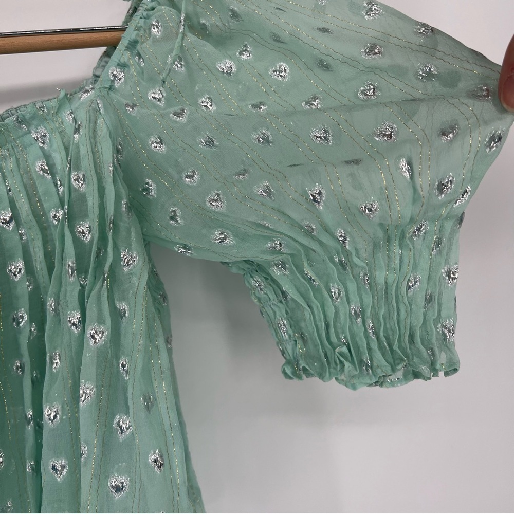 For Love & Lemons Mint Jana Blouse‎ Cropped Flowy Heart Print Tie Shoulders - Picture 10 of 13